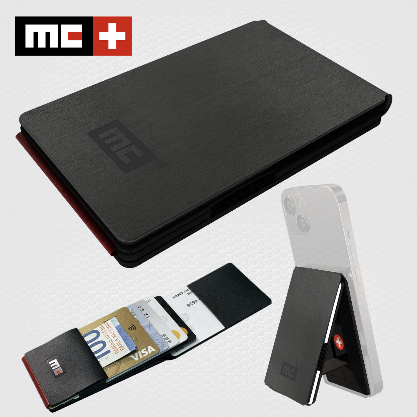MC Swiss Wallet, brushed black, incl. metal plate + ring