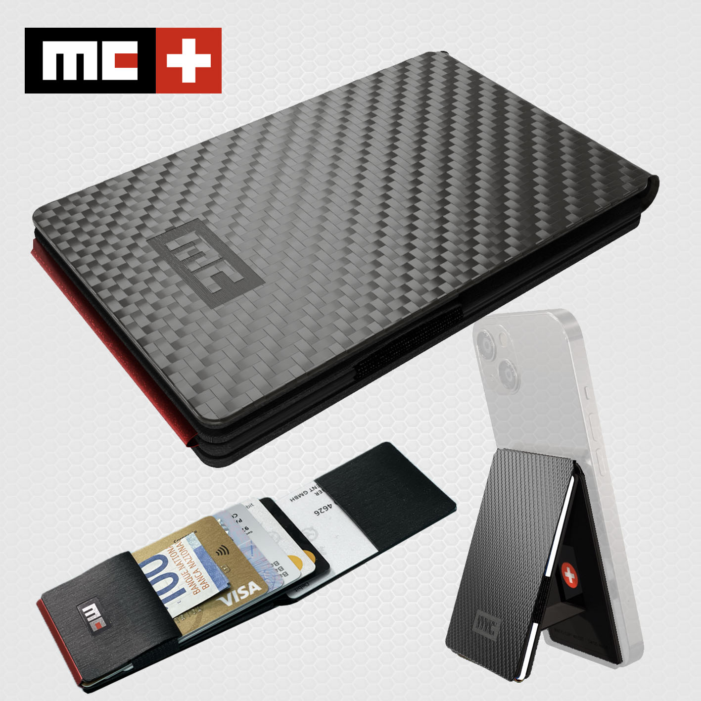 MC Swiss Wallet, carbon black, incl. metal plate + ring