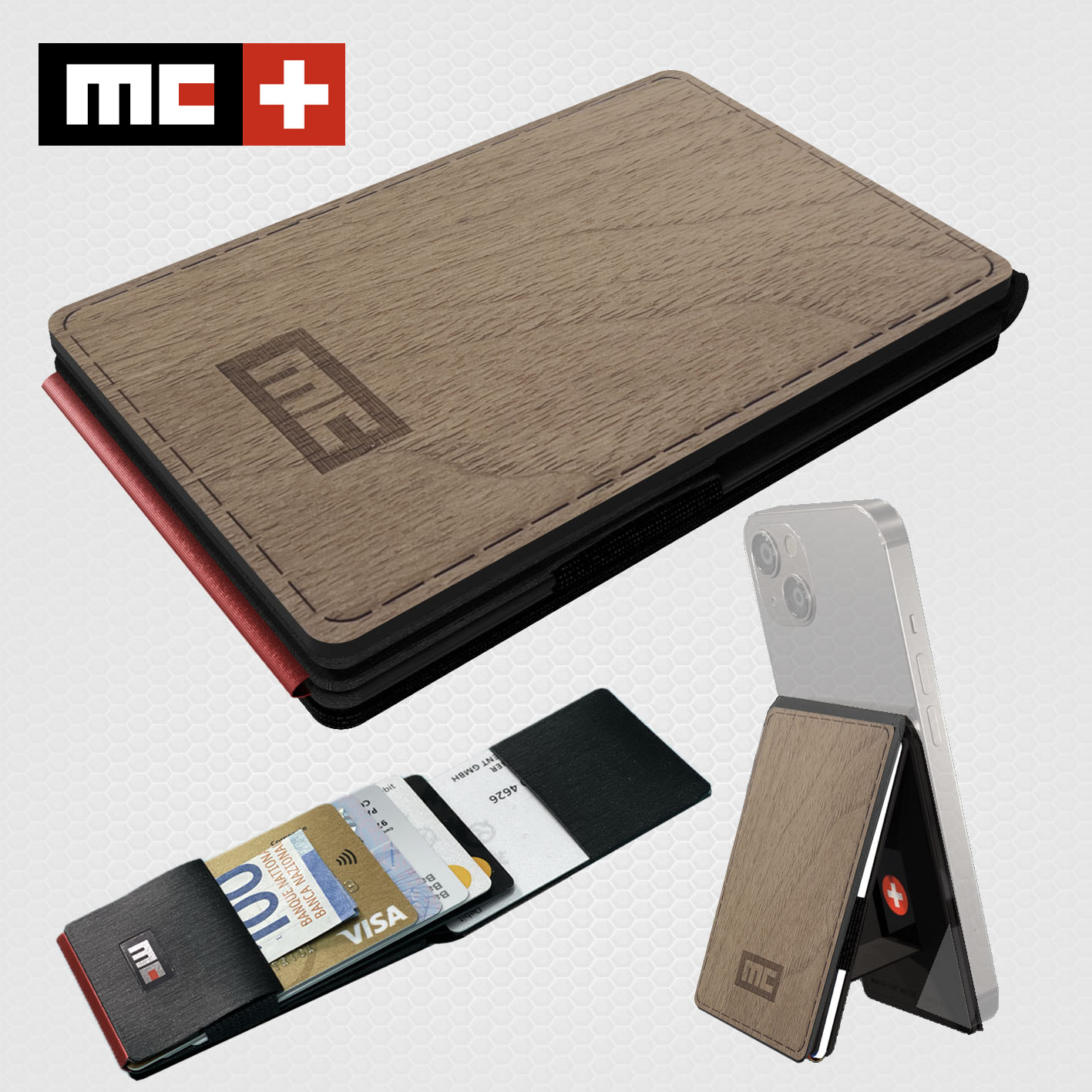 MC Swiss Wallet, genuine walnut wood, + metal plate + ring