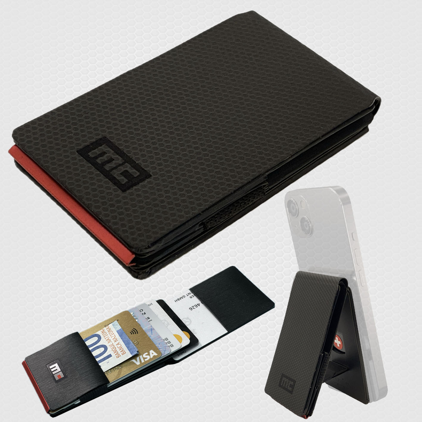 MC Swiss Wallet, new carbon black, + metal plate + ring