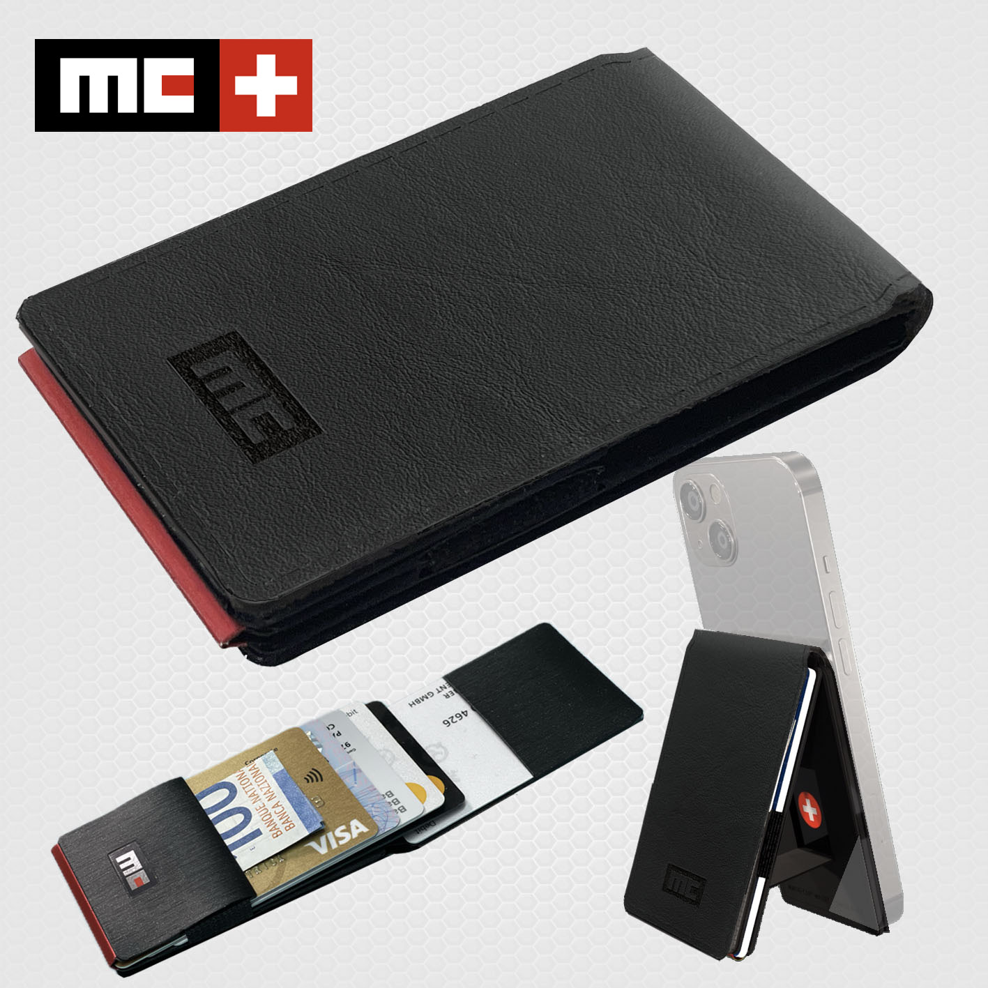MC Swiss Wallet, genuine leather black, + metal plate + ring