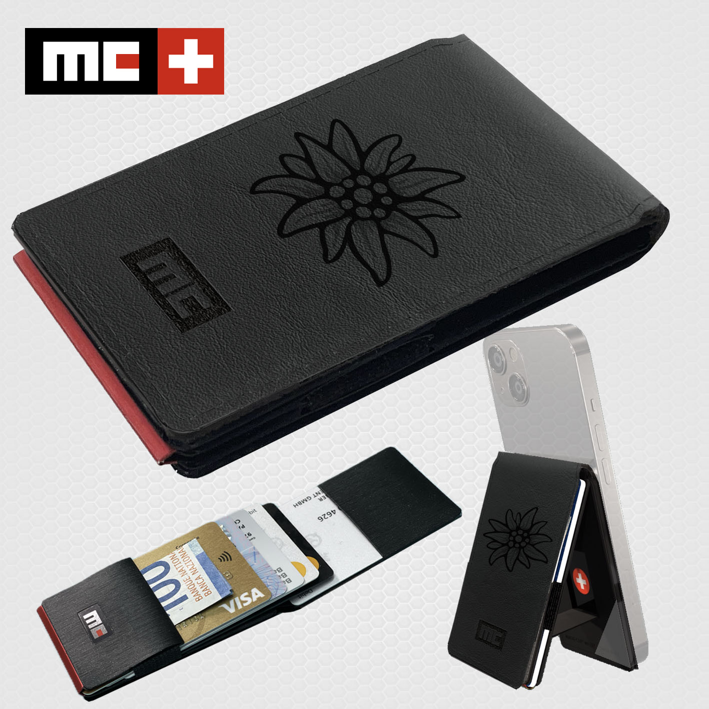 MC Swiss Wallet, genuine leather black, Edelweiss, incl. metal plate + ring