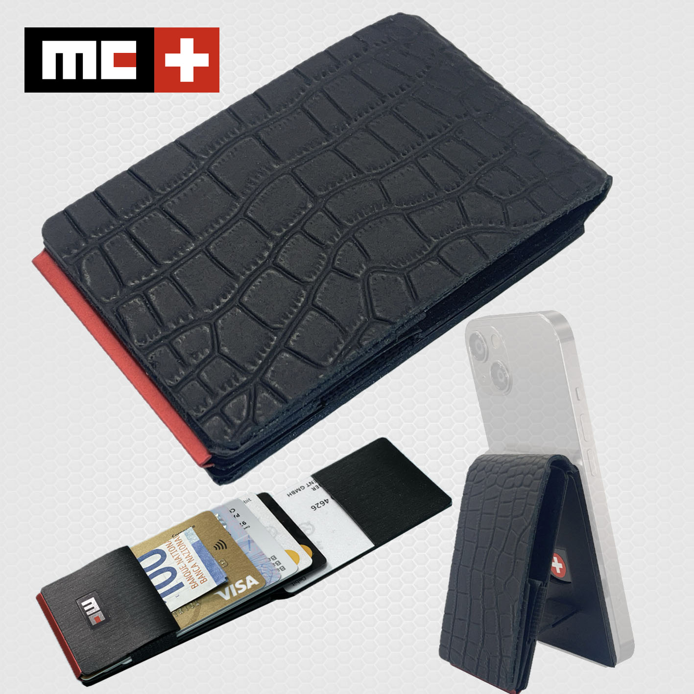 MC Swiss Wallet, genuine leather croco style black, incl. metal plate + ring