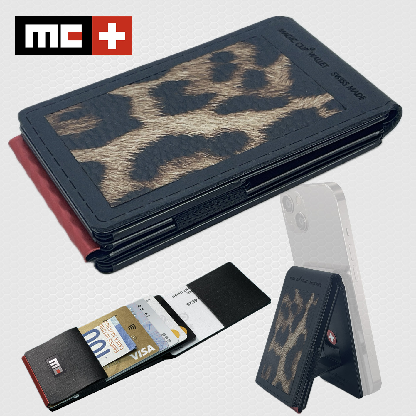 MC Swiss Wallet, genuine leather leopard integrated, incl. metal plate + ring