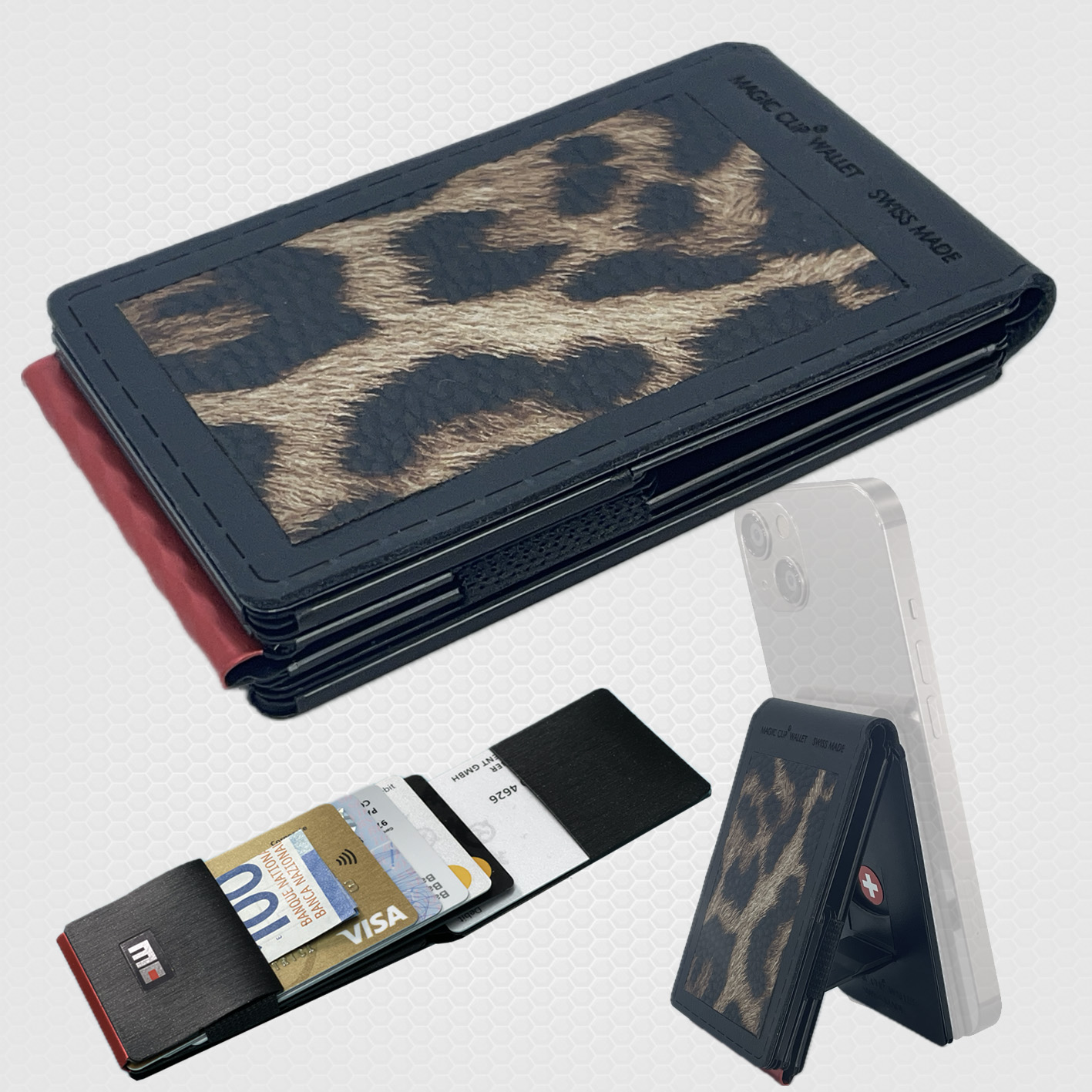 Magic Clip Wallet, leather leopard integrated, incl. metal plate and ring