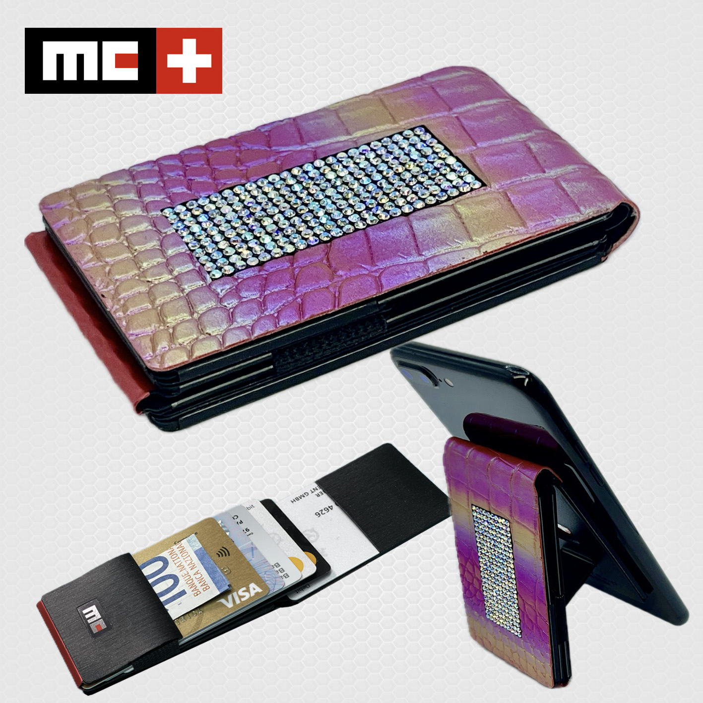 MC Swiss Wallet, snake.rainbow.strass incl. metal plate + ring
