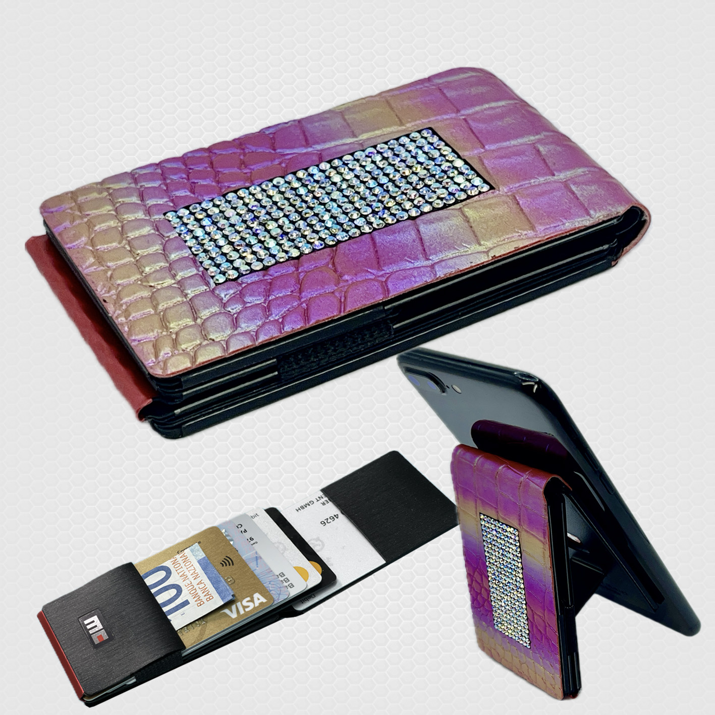 Magic Clip Wallet, snake.rainbow.strass incl. metal plate and ring