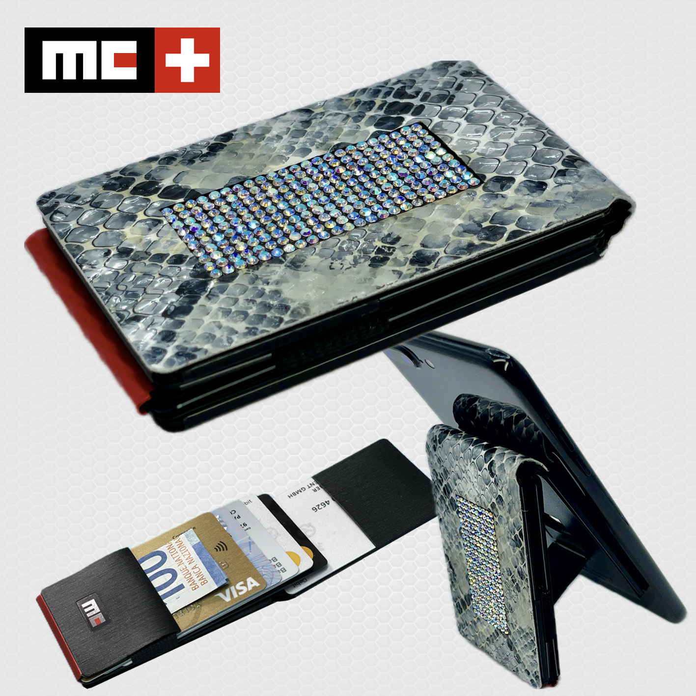 MC Swiss Wallet, snake.silver.strass incl. metal plate + ring