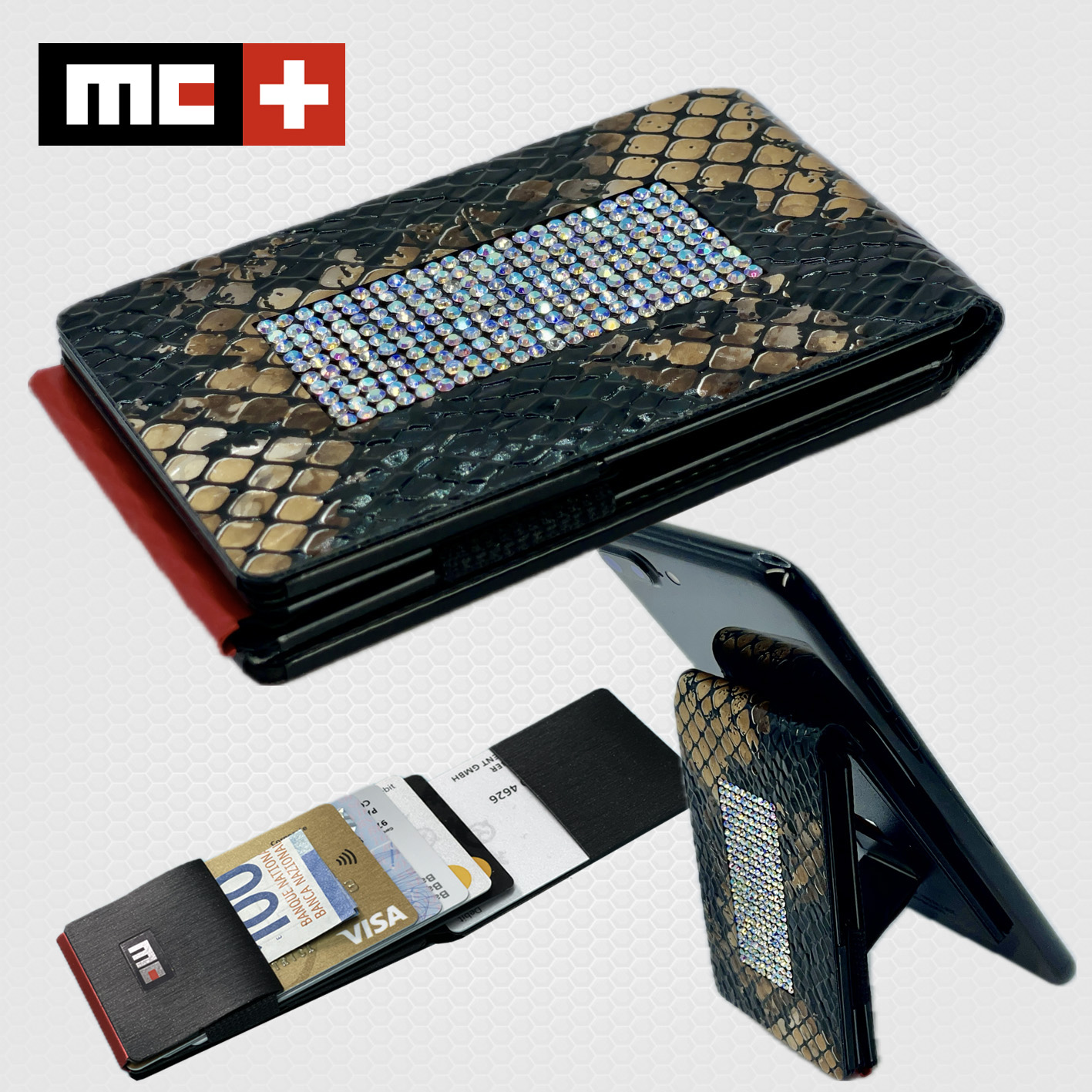 MC Swiss Wallet, snake.gold.strass incl. metal plate + ring