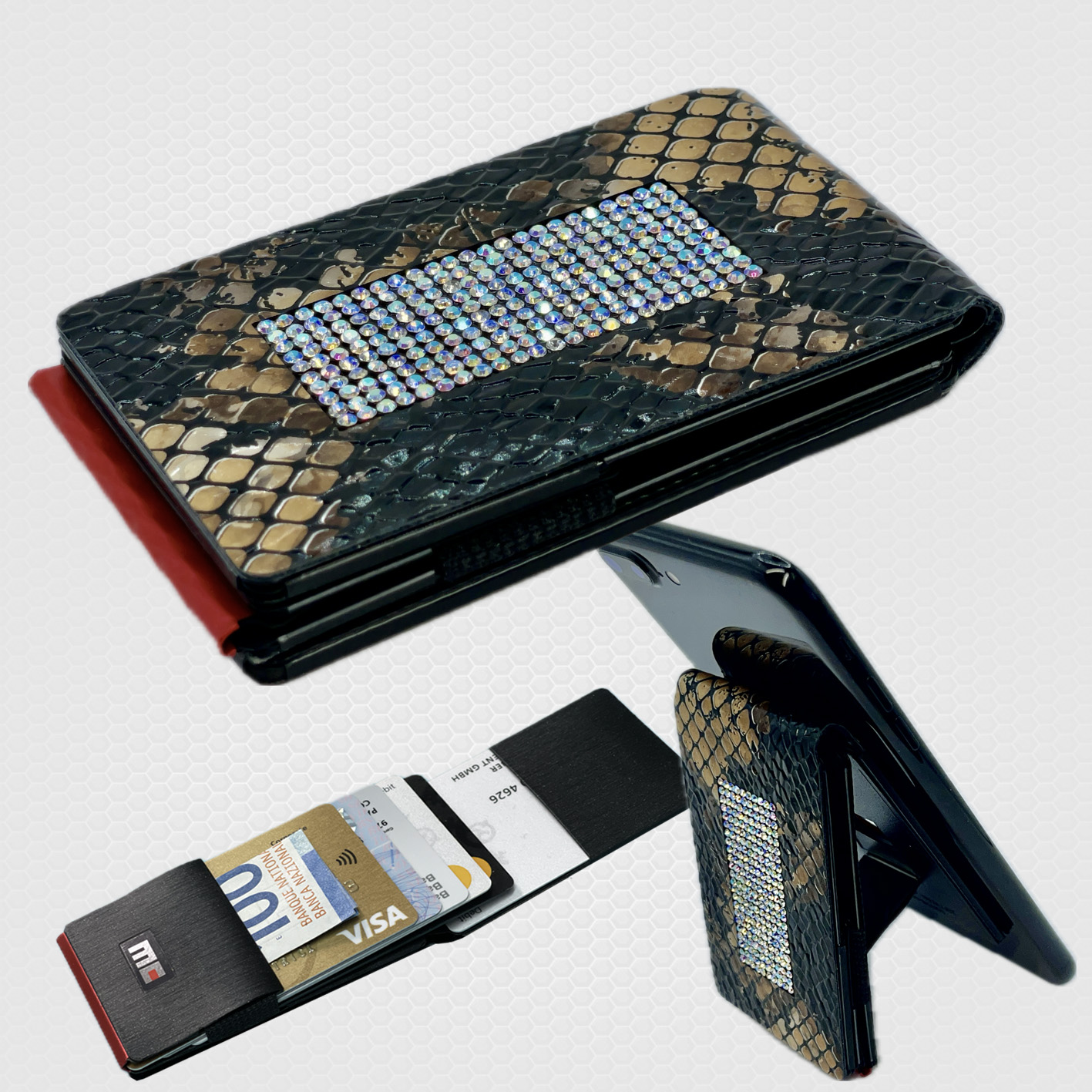 Magic Clip Wallet, snake.gold.strass incl. metal plate and ring