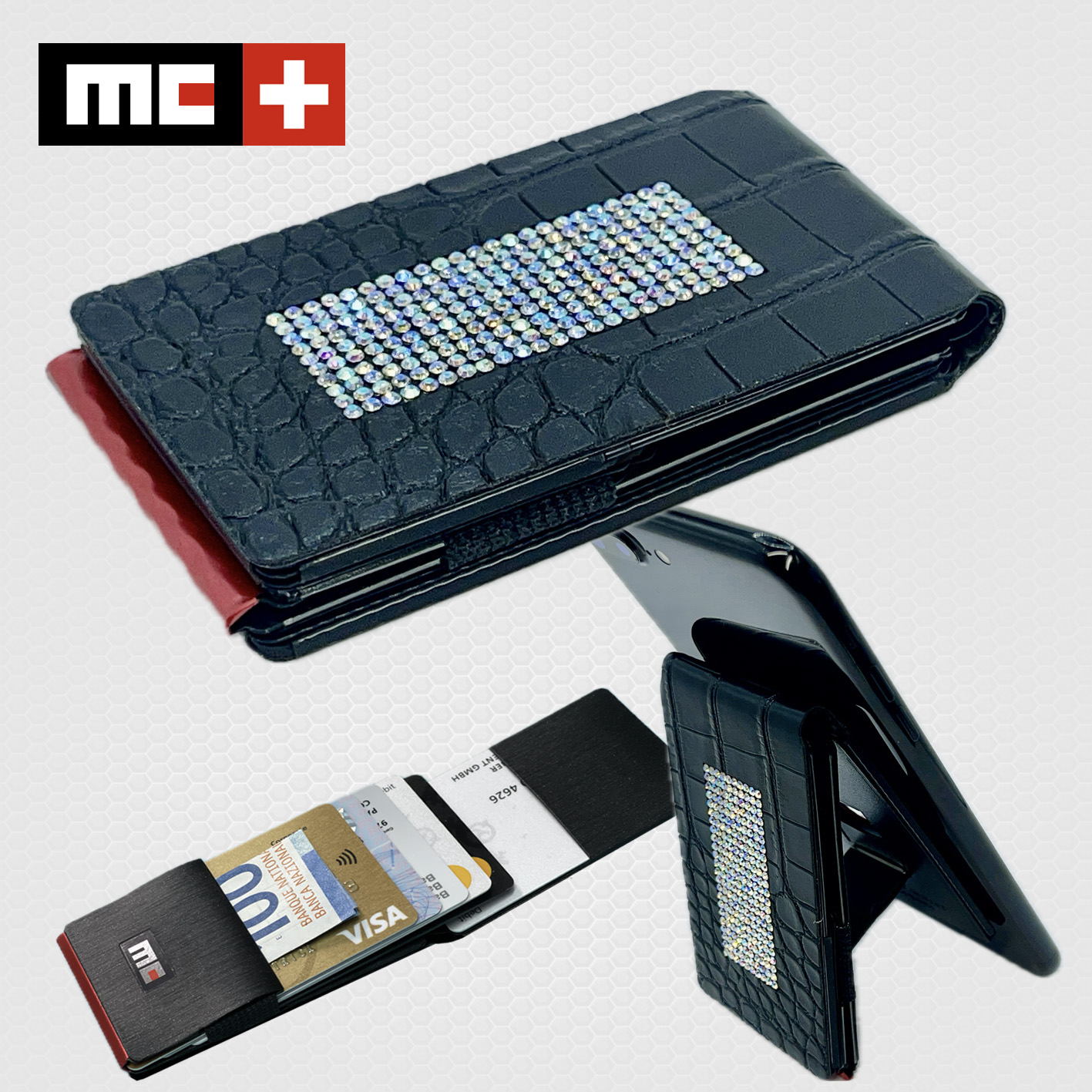 MC Swiss Wallet, snake.black.strass incl. metal plate + ring