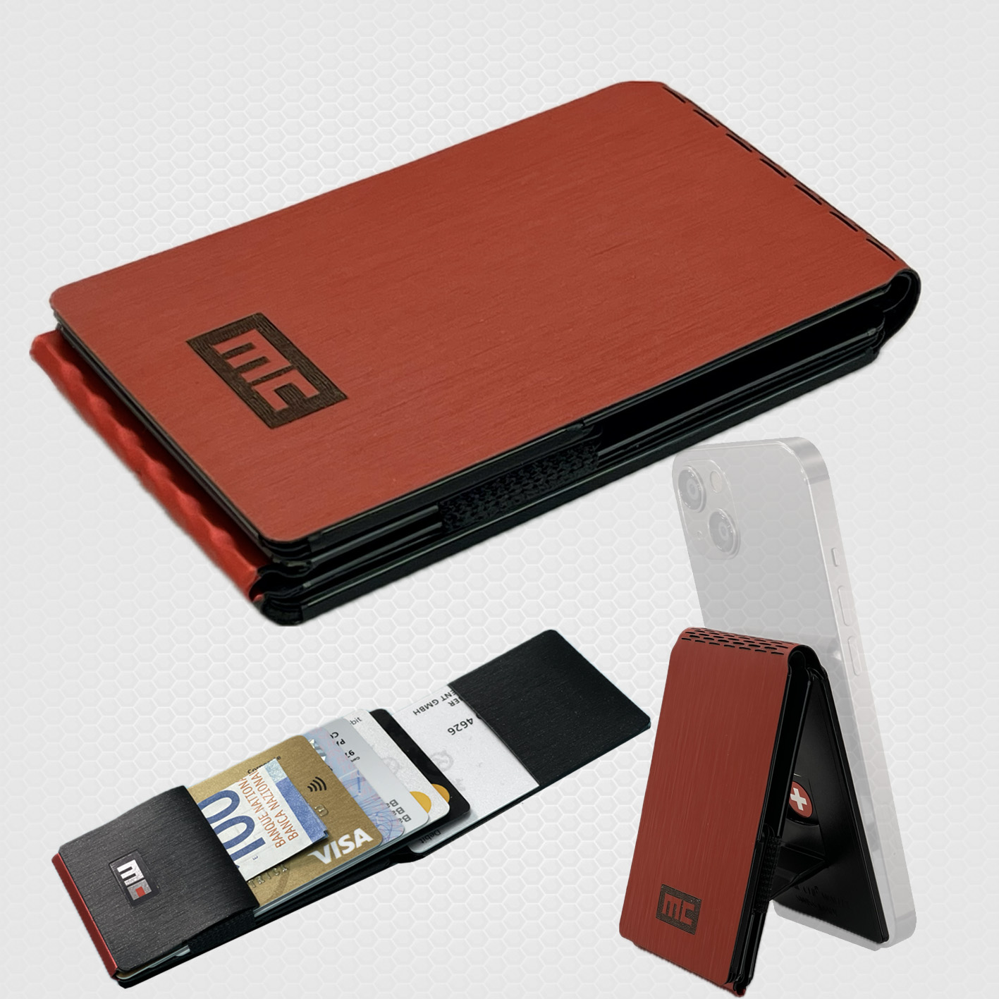 Magic Clip Wallet, brushed red, incl. metal plate and ring