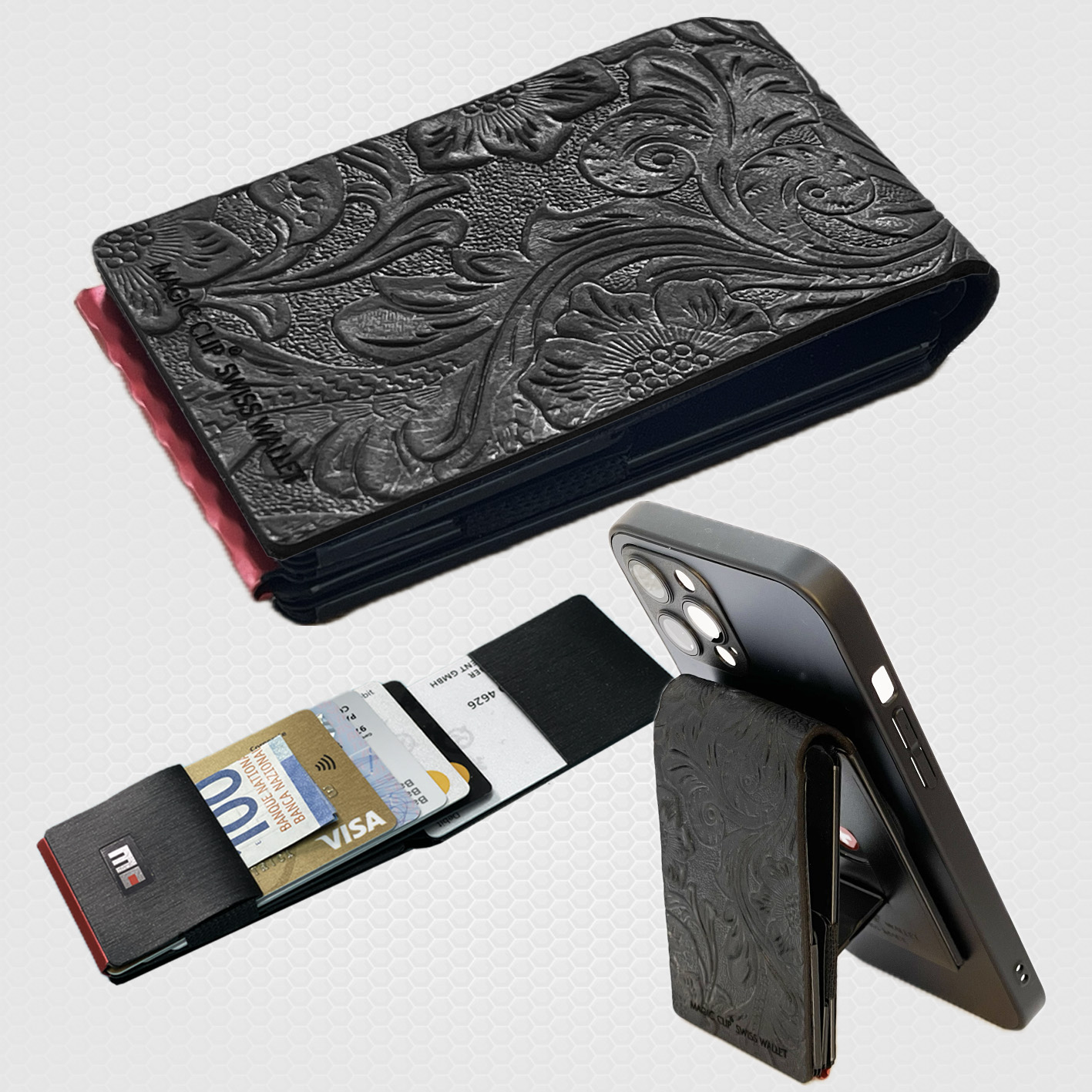 MC Swiss Wallet, genuine leather flower black, incl. metal plate + ring