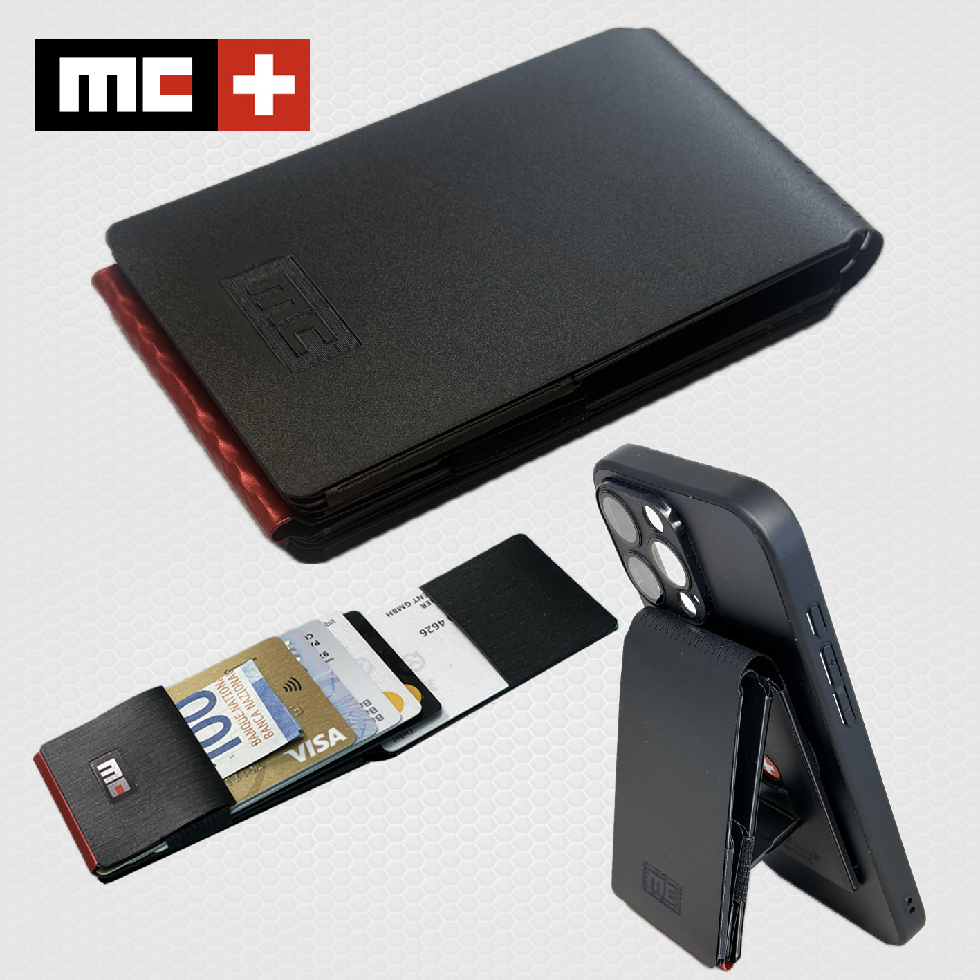 MC Swiss Wallet, black frostet, incl. metal plate + ring